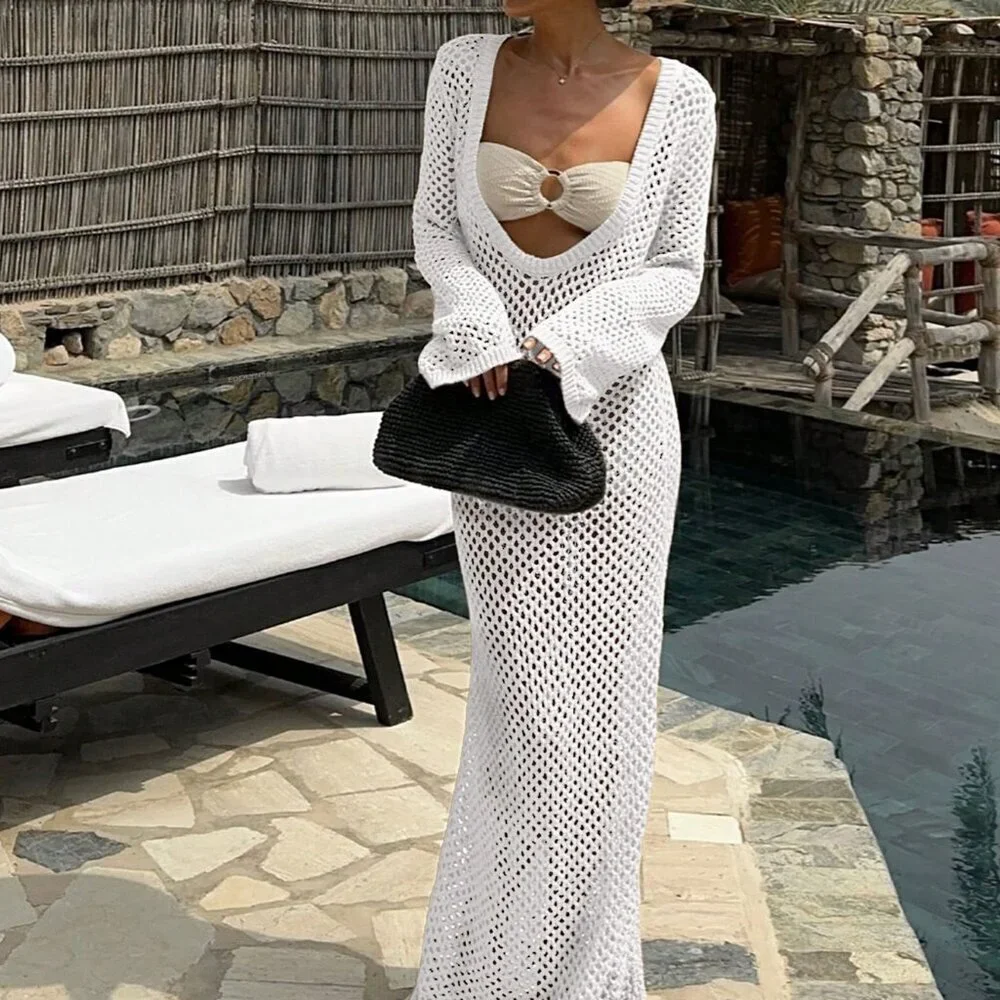 White Women's Sexy Hollow Out Long Sleeve Maxi Cruise Cover Up Dress - Picture 3 of 5